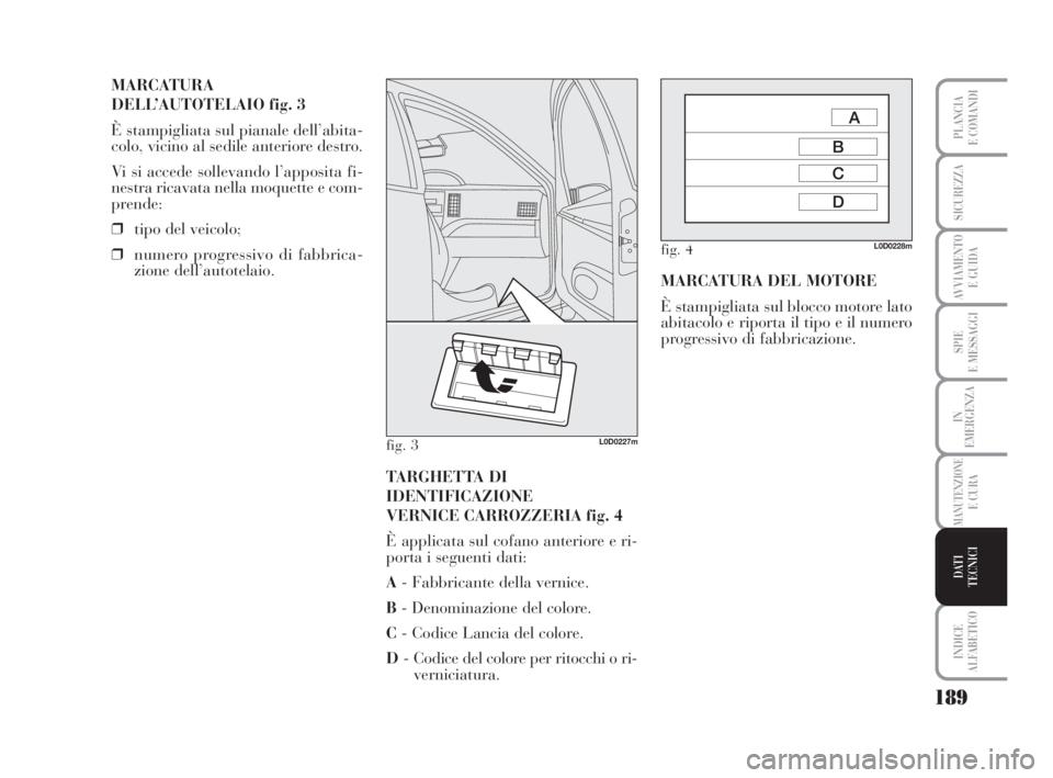 Lancia Musa 2009  Libretto Uso Manutenzione (in Italian) 189
SPIE
E MESSAGGI
INDICE
ALFABETICO
PLANCIA
E COMANDI
SICUREZZA
AVVIAMENTO 
E GUIDA
IN
EMERGENZA
MANUTENZIONEE CURA
DATI 
TECNICI
MARCATURA
DELL’AUTOTELAIO fig. 3
È stampigliata sul pianale dell