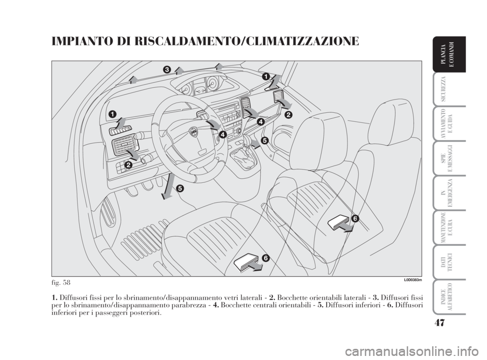 Lancia Musa 2009  Libretto Uso Manutenzione (in Italian) 47
SICUREZZA
AVVIAMENTO 
E GUIDA
SPIE
E MESSAGGI
IN
EMERGENZA
MANUTENZIONEE CURA
DATI 
TECNICI
INDICE
ALFABETICO
PLANCIA
E COMANDI
IMPIANTO DI RISCALDAMENTO/CLIMATIZZAZIONE
fig. 58
1.Diffusori fissi p