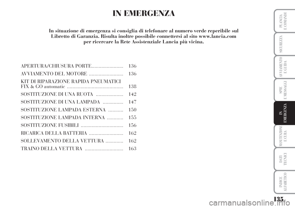 Lancia Musa 2010  Libretto Uso Manutenzione (in Italian) 135
SPIE
E MESSAGGI
MANUTENZIONEE CURA
DATI 
TECNICI
INDICE
ALFABETICO
PLANCIA
E COMANDI
SICUREZZA
AVVIAMENTO 
E GUIDA
IN
EMERGENZA
IN EMERGENZA
APERTURA/CHIUSURA PORTE....................... 136
AVVI