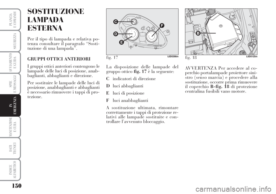 Lancia Musa 2010 Libretto Uso Manutenzione (in Italian) 150
SPIE
E MESSAGGI
MANUTENZIONEE CURA
DATI
TECNICI
INDICE
ALFABETICO
PLANCIA
E COMANDI
SICUREZZA
AVVIAMENTO
E GUIDA
IN
EMERGENZA
SOSTITUZIONE
LAMPADA
ESTERNA
Per il tipo di lampada e relativa po-
t Lancia Musa 2010 Libretto Uso Manutenzione (in Italian) 150
SPIE
E MESSAGGI
MANUTENZIONEE CURA
DATI
TECNICI
INDICE
ALFABETICO
PLANCIA
E COMANDI
SICUREZZA
AVVIAMENTO
E GUIDA
IN
EMERGENZA
SOSTITUZIONE
LAMPADA
ESTERNA
Per il tipo di lampada e relativa po-
t