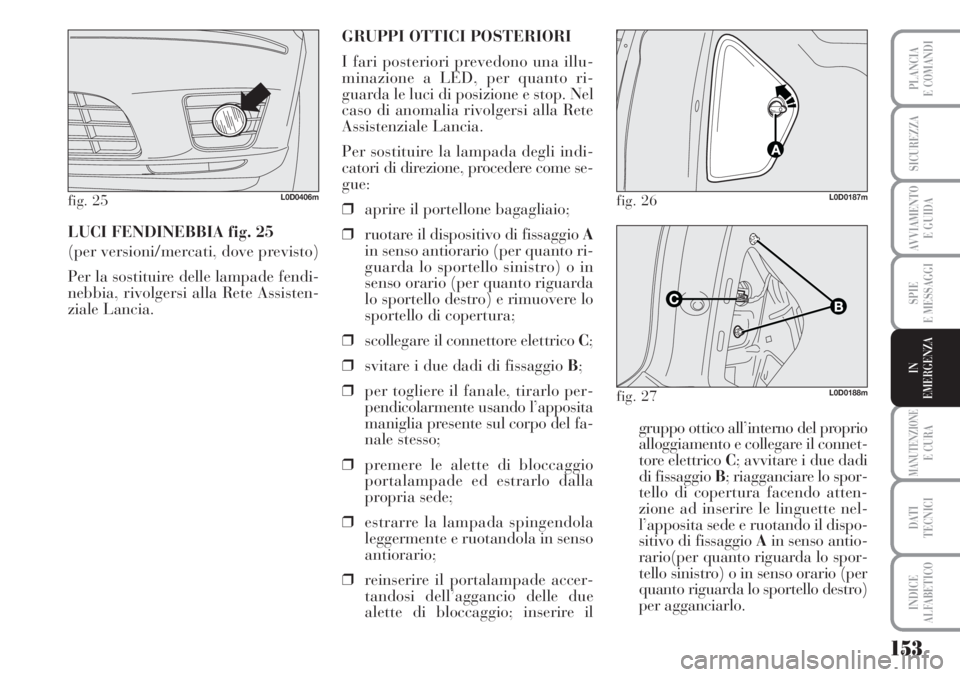 Lancia Musa 2010  Libretto Uso Manutenzione (in Italian) 153
SPIE
E MESSAGGI
MANUTENZIONEE CURA
DATI 
TECNICI
INDICE
ALFABETICO
PLANCIA
E COMANDI
SICUREZZA
AVVIAMENTO 
E GUIDA
IN
EMERGENZA
LUCI FENDINEBBIA fig. 25
(per versioni/mercati, dove previsto)
Per l