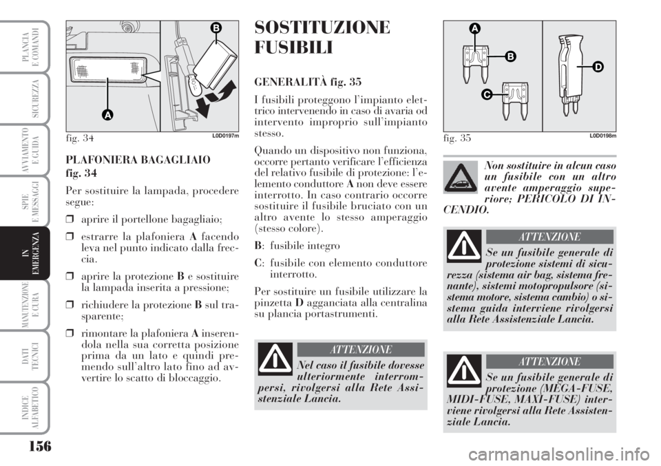 Lancia Musa 2010  Libretto Uso Manutenzione (in Italian) 156
SPIE
E MESSAGGI
MANUTENZIONEE CURA
DATI 
TECNICI
INDICE
ALFABETICO
PLANCIA
E COMANDI
SICUREZZA
AVVIAMENTO 
E GUIDA
IN
EMERGENZA
PLAFONIERA BAGAGLIAIO 
fig. 34
Per sostituire la lampada, procedere
