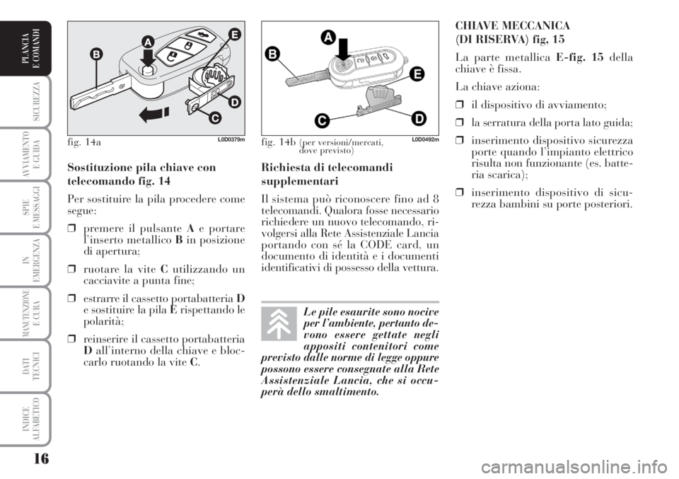 Lancia Musa 2010 Libretto Uso Manutenzione (in Italian) 16
SICUREZZA
AVVIAMENTO
E GUIDA
SPIE
E MESSAGGI
IN
EMERGENZA
MANUTENZIONEE CURA
DATI
TECNICI
INDICE
ALFABETICO
PLANCIA
E COMANDI
Richiesta di telecomandi
supplementari
Il sistema può riconoscere fi Lancia Musa 2010 Libretto Uso Manutenzione (in Italian) 16
SICUREZZA
AVVIAMENTO
E GUIDA
SPIE
E MESSAGGI
IN
EMERGENZA
MANUTENZIONEE CURA
DATI
TECNICI
INDICE
ALFABETICO
PLANCIA
E COMANDI
Richiesta di telecomandi
supplementari
Il sistema può riconoscere fi