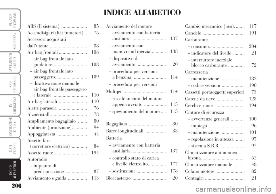 Lancia Musa 2010 Libretto Uso Manutenzione (in Italian) 206
SPIE
E MESSAGGI
PLANCIA
E COMANDI
SICUREZZA
AVVIAMENTO
E GUIDA
IN
EMERGENZA
MANUTENZIONEE CURA
DATI
TECNICI
INDICE
ALFABETICO
ABS (Il sistema) .................... 85
Accendisigari (Kit fumatori) Lancia Musa 2010 Libretto Uso Manutenzione (in Italian) 206
SPIE
E MESSAGGI
PLANCIA
E COMANDI
SICUREZZA
AVVIAMENTO
E GUIDA
IN
EMERGENZA
MANUTENZIONEE CURA
DATI
TECNICI
INDICE
ALFABETICO
ABS (Il sistema) .................... 85
Accendisigari (Kit fumatori)