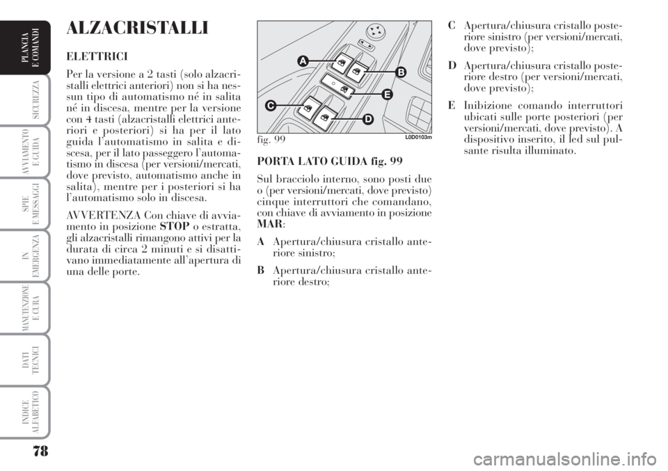 Lancia Musa 2010 Libretto Uso Manutenzione (in Italian) 78
SICUREZZA
AVVIAMENTO
E GUIDA
SPIE
E MESSAGGI
IN
EMERGENZA
MANUTENZIONEE CURA
DATI
TECNICI
INDICE
ALFABETICO
PLANCIA
E COMANDI
PORTA LATO GUIDA fig. 99
Sul bracciolo interno, sono posti due
o (per Lancia Musa 2010 Libretto Uso Manutenzione (in Italian) 78
SICUREZZA
AVVIAMENTO
E GUIDA
SPIE
E MESSAGGI
IN
EMERGENZA
MANUTENZIONEE CURA
DATI
TECNICI
INDICE
ALFABETICO
PLANCIA
E COMANDI
PORTA LATO GUIDA fig. 99
Sul bracciolo interno, sono posti due
o (per