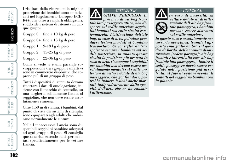Lancia Musa 2011  Libretto Uso Manutenzione (in Italian) 102
AVVIAMENTO 
E GUIDA
SPIE
E MESSAGGI
IN
EMERGENZA
MANUTENZIONEE CURA
DATI 
TECNICI
INDICE
ALFABETICO
PLANCIA
E COMANDI
SICUREZZA
I risultati della ricerca sulla miglior
protezione dei bambini sono 
