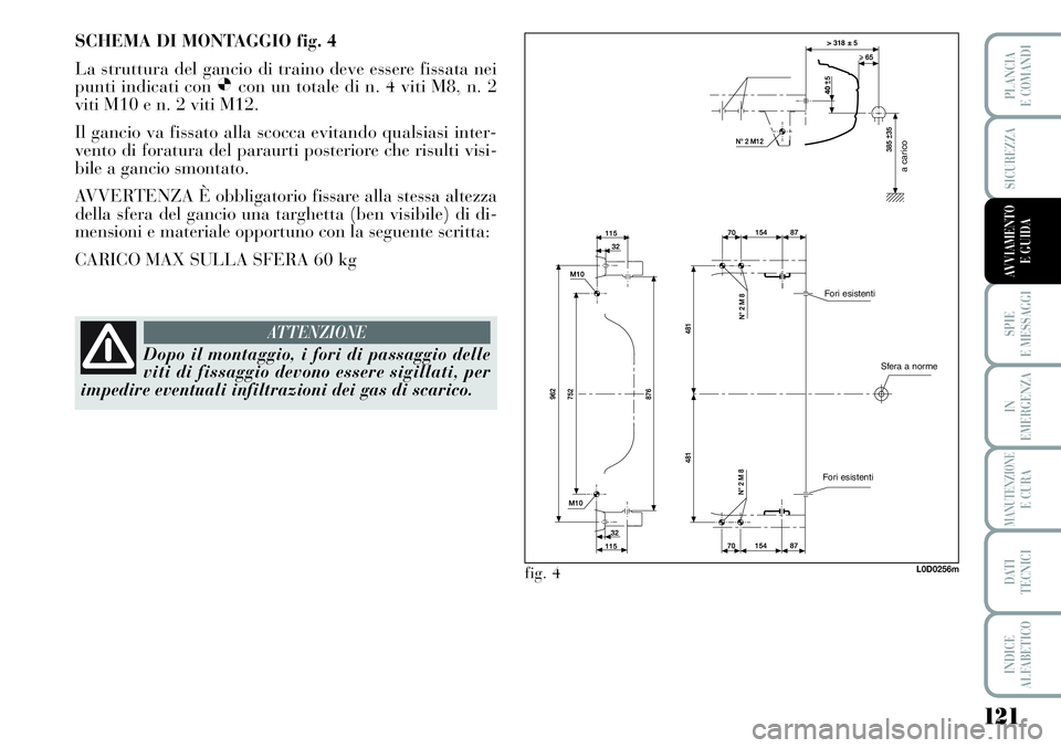 Lancia Musa 2011  Libretto Uso Manutenzione (in Italian) 121
SPIE
E MESSAGGI
IN
EMERGENZA
MANUTENZIONEE CURA
DATI 
TECNICI
INDICE
ALFABETICO
PLANCIA
E COMANDI
SICUREZZA
AVVIAMENTO 
E GUIDA
a carico
Sfera a norme Fori esistenti
Fori esistenti
fig. 4
SCHEMA D