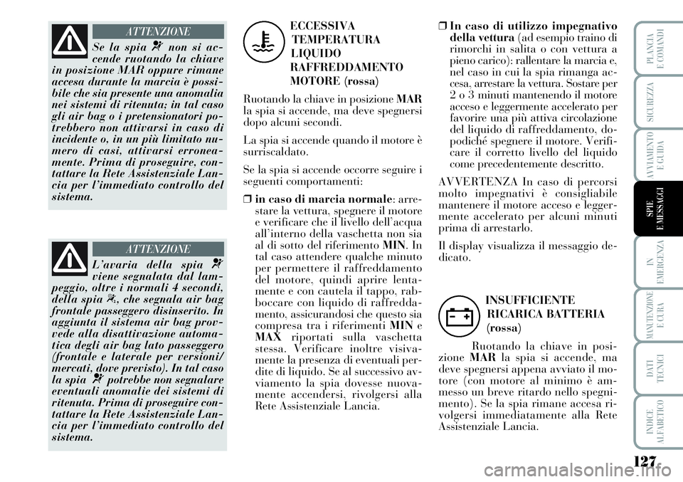 Lancia Musa 2011  Libretto Uso Manutenzione (in Italian) 127
IN
EMERGENZA
MANUTENZIONEE CURA
DATI
TECNICI
INDICE
ALFABETICO
PLANCIA
E COMANDI
SICUREZZA
AVVIAMENTO
E GUIDA
SPIE
E MESSAGGI
Se la spia ¬non si ac-
cende ruotando la chiave
in posizione MAR oppu