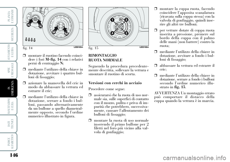 Lancia Musa 2011  Libretto Uso Manutenzione (in Italian) 146
SPIE
E MESSAGGI
MANUTENZIONEE CURA
DATI 
TECNICI
INDICE
ALFABETICO
PLANCIA
E COMANDI
SICUREZZA
AVVIAMENTO 
E GUIDA
IN
EMERGENZA
fig. 14L0D0165mfig. 15L0D0166m
❒montare il ruotino facendo coinci-