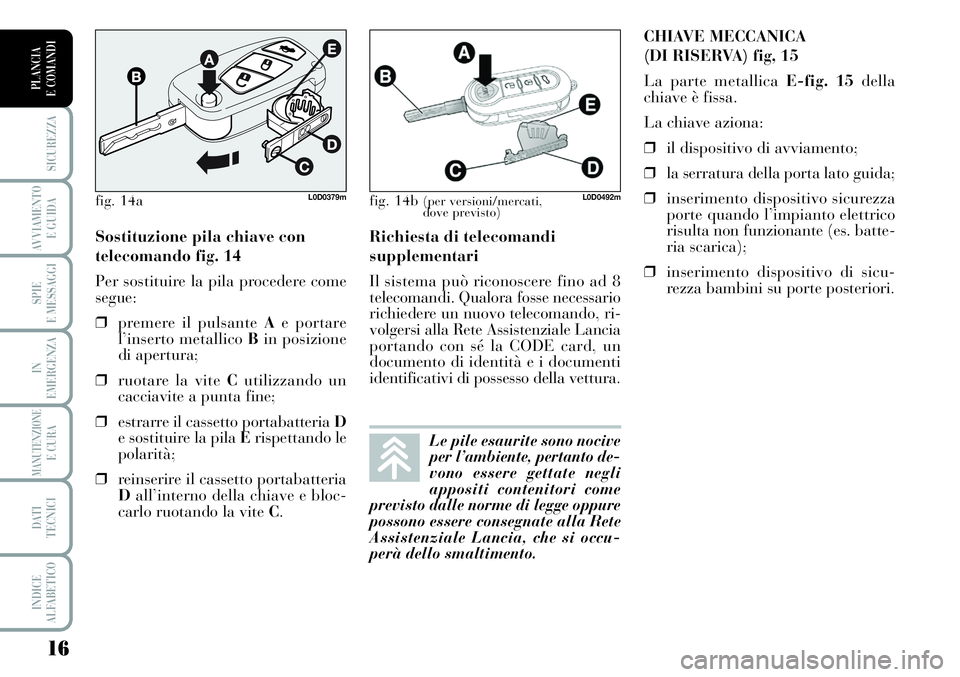 Lancia Musa 2012 Libretto Uso Manutenzione (in Italian) 16
SICUREZZA
AVVIAMENTO
E GUIDA
SPIE
E MESSAGGI
IN
EMERGENZA
MANUTENZIONEE CURA
DATI
TECNICI
INDICE
ALFABETICO
PLANCIA
E COMANDI
Richiesta di telecomandi
supplementari
Il sistema può riconoscere fi Lancia Musa 2012 Libretto Uso Manutenzione (in Italian) 16
SICUREZZA
AVVIAMENTO
E GUIDA
SPIE
E MESSAGGI
IN
EMERGENZA
MANUTENZIONEE CURA
DATI
TECNICI
INDICE
ALFABETICO
PLANCIA
E COMANDI
Richiesta di telecomandi
supplementari
Il sistema può riconoscere fi