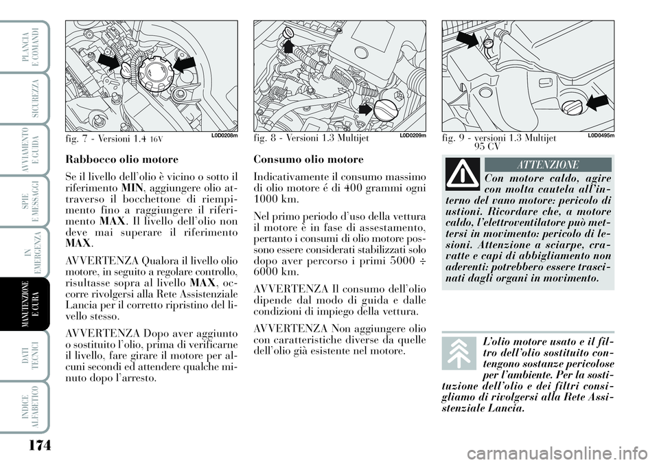 Lancia Musa 2011  Libretto Uso Manutenzione (in Italian) 174
SPIE
E MESSAGGI
DATI 
TECNICI
INDICE
ALFABETICO
PLANCIA
E COMANDI
SICUREZZA
AVVIAMENTO 
E GUIDA
IN
EMERGENZA
MANUTENZIONEE CURA
Con motore caldo, agire
con molta cautela all’in-
terno del vano m
