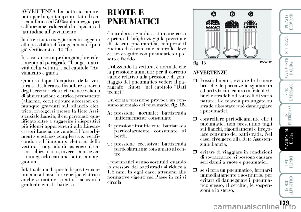 Lancia Musa 2011  Libretto Uso Manutenzione (in Italian) 179
SPIE
E MESSAGGI
DATI 
TECNICI
INDICE
ALFABETICO
PLANCIA
E COMANDI
SICUREZZA
AVVIAMENTO 
E GUIDA
IN
EMERGENZA
MANUTENZIONEE CURA
AVVERTENZA La batteria mante-
nuta per lungo tempo in stato di ca-
r