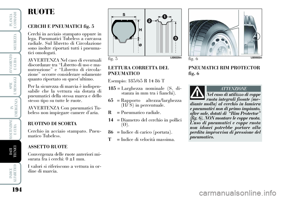 Lancia Musa 2011 Libretto Uso Manutenzione (in Italian) 194
SPIE
E MESSAGGI
INDICE
ALFABETICO
PLANCIA
E COMANDI
SICUREZZA
AVVIAMENTO
E GUIDA
IN
EMERGENZA
MANUTENZIONEE CURA
DATI
TECNICI
RUOTE
CERCHI E PNEUMATICI fig. 5
Cerchi in acciaio stampato oppure i Lancia Musa 2011 Libretto Uso Manutenzione (in Italian) 194
SPIE
E MESSAGGI
INDICE
ALFABETICO
PLANCIA
E COMANDI
SICUREZZA
AVVIAMENTO
E GUIDA
IN
EMERGENZA
MANUTENZIONEE CURA
DATI
TECNICI
RUOTE
CERCHI E PNEUMATICI fig. 5
Cerchi in acciaio stampato oppure i
