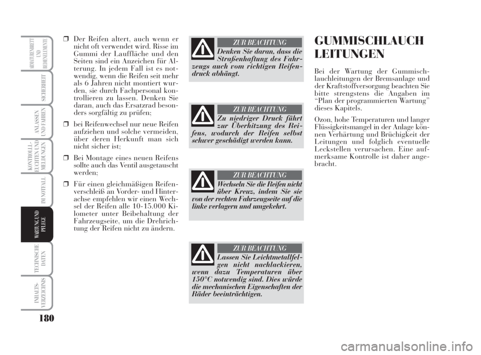 Lancia Musa 2009 Betriebsanleitung (in German) 180
KONTROLLL-
EUCHTEN UND
MELDUNGEN
TECHNISCHE
DATEN
INHALTS-
VERZEICHNIS
ARMATURENBRETT
UND
BEDIENELEMENTE
SICHERHEIT
ANLASSEN
UND FAHREN
IM NOTFALL
WARTUNG UND
PFLEGE
❒Der Reifen altert, auch wen Lancia Musa 2009 Betriebsanleitung (in German) 180
KONTROLLL-
EUCHTEN UND
MELDUNGEN
TECHNISCHE
DATEN
INHALTS-
VERZEICHNIS
ARMATURENBRETT
UND
BEDIENELEMENTE
SICHERHEIT
ANLASSEN
UND FAHREN
IM NOTFALL
WARTUNG UND
PFLEGE
❒Der Reifen altert, auch wen
