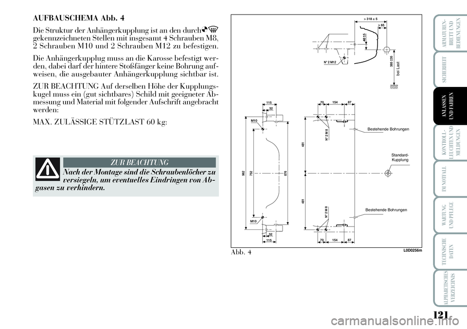 Lancia Musa 2011  Betriebsanleitung (in German) 121
KONTROLL-
LEUCHTEN UND
MELDUNGEN
ARMATUREN -
BRETT UND
BEDIENUNGEN
SICHERHEIT
ANLASSEN
UND FAHREN
IM NOTFALL
WARTUNG 
UND PFLEGE
TECHNISCHE
DATEN
ALPHABETISCHESVERZEICHNIS
bei Last
Standard-
Kuppl