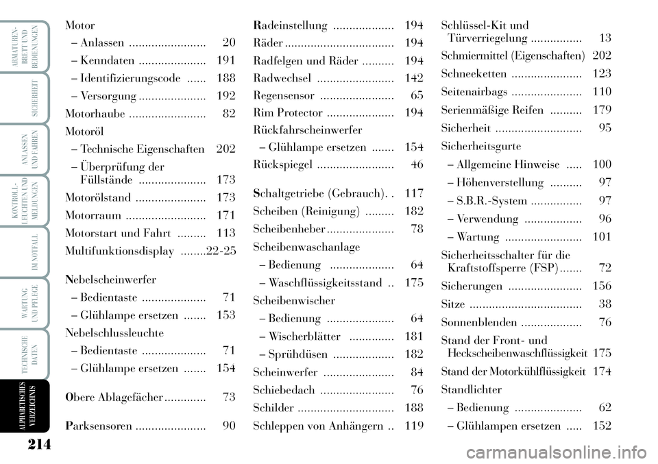 Lancia Musa 2011 Betriebsanleitung (in German) 214
KONTROLL-
LEUCHTEN UND
MELDUNGEN
ARMATUREN-
BRETT UND
BEDIENUNGEN
SICHERHEIT
ANLASSEN
UND FAHREN
IM NOTFALL
WARTUNG
UND PFLEGE
TECHNISCHE
DATEN
ALPHABETISCHESVERZEICHNIS
Motor
– Anlassen ...... Lancia Musa 2011 Betriebsanleitung (in German) 214
KONTROLL-
LEUCHTEN UND
MELDUNGEN
ARMATUREN-
BRETT UND
BEDIENUNGEN
SICHERHEIT
ANLASSEN
UND FAHREN
IM NOTFALL
WARTUNG
UND PFLEGE
TECHNISCHE
DATEN
ALPHABETISCHESVERZEICHNIS
Motor
– Anlassen ......
