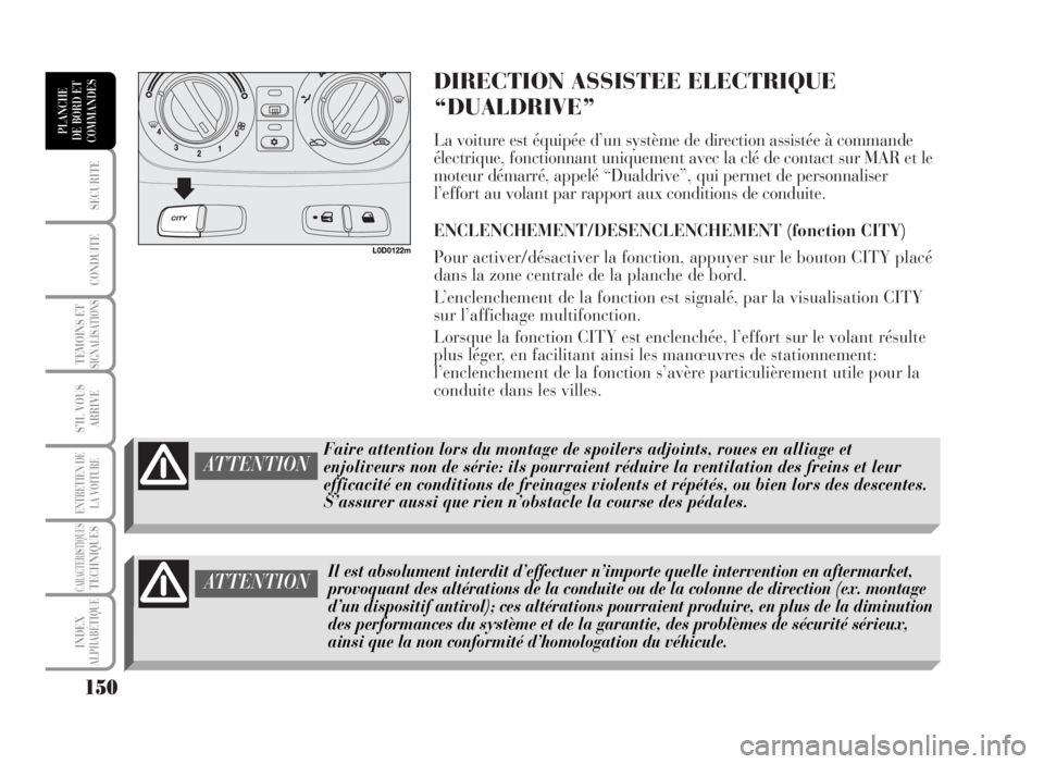 Lancia Musa 2007  Notice dentretien (in French) DIRECTION ASSISTEE ELECTRIQUE
“DUALDRIVE”
La voiture est équipée d’un système de direction assistée à commande
électrique, fonctionnant uniquement avec la clé de contact sur MAR et le
mot