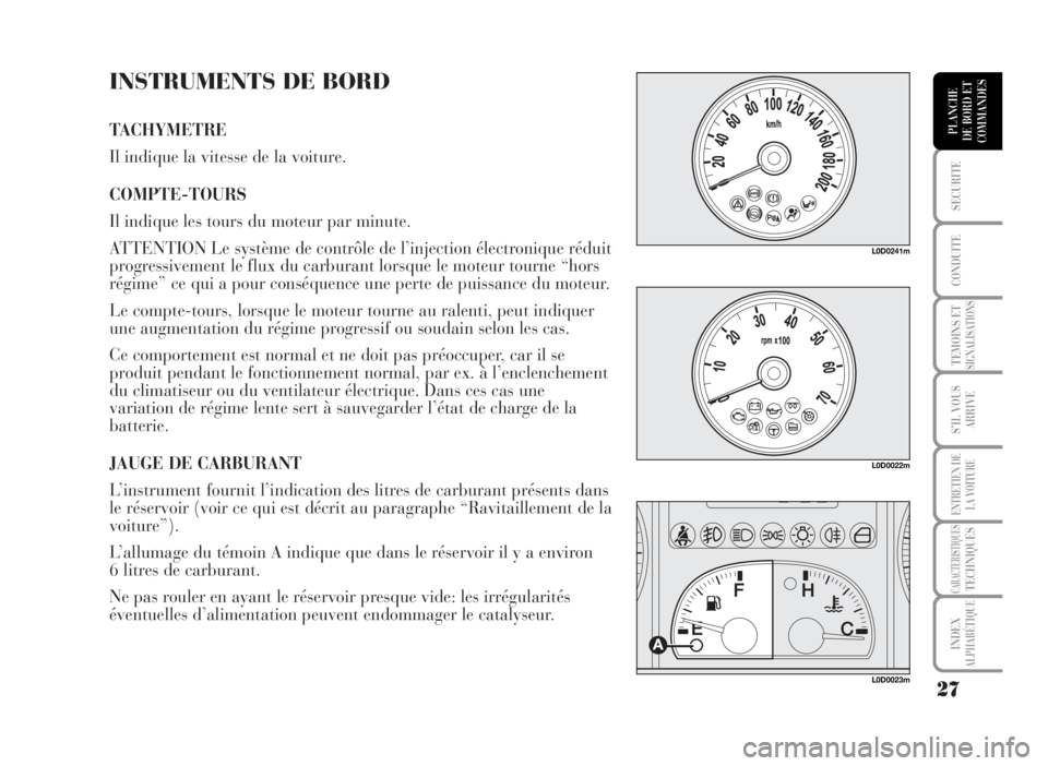 Lancia Musa 2007  Notice dentretien (in French) INSTRUMENTS DE BORD
TACHYMETRE
Il indique la vitesse de la voiture.
COMPTE-TOURS
Il indique les tours du moteur par minute. 
ATTENTION Le système de contrôle de l’injection électronique réduit
p