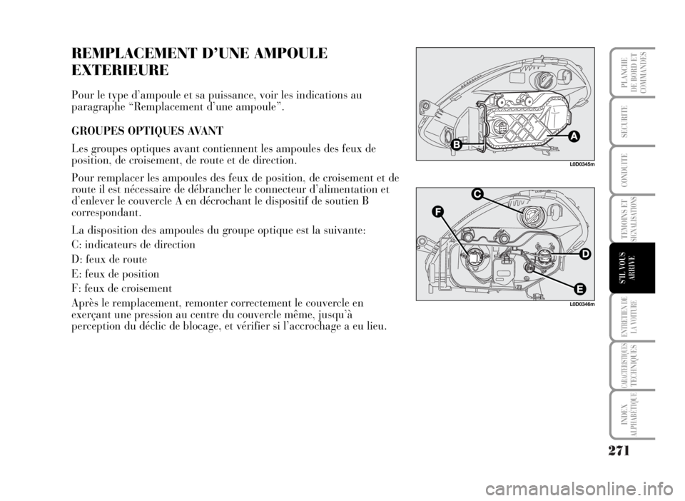 Lancia Musa 2007  Notice dentretien (in French) 271
TEMOINS ETSIGNALISATIONS
ENTRETIEN DE
LA VOITURE
CARACTERISTIQUESTECHNIQUES
INDEX
ALPHABÉTIQUE
PLANCHE
DE BORD ET
COMMANDES
SECURITE
CONDUITE
S’IL VOUS
ARRIVE
REMPLACEMENT D’UNE AMPOULE
EXTER