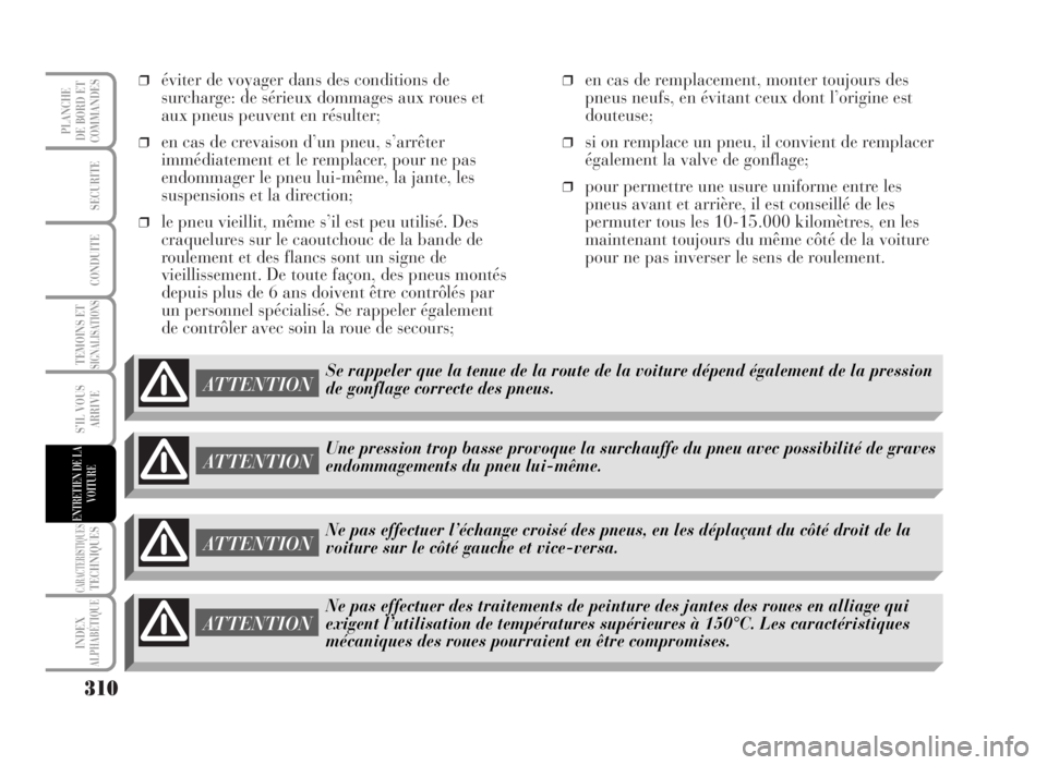 Lancia Musa 2007  Notice dentretien (in French) ❒éviter de voyager dans des conditions de
surcharge: de sérieux dommages aux roues et
aux pneus peuvent en résulter;
❒en cas de crevaison d’un pneu, s’arrêter
immédiatement et le remplace