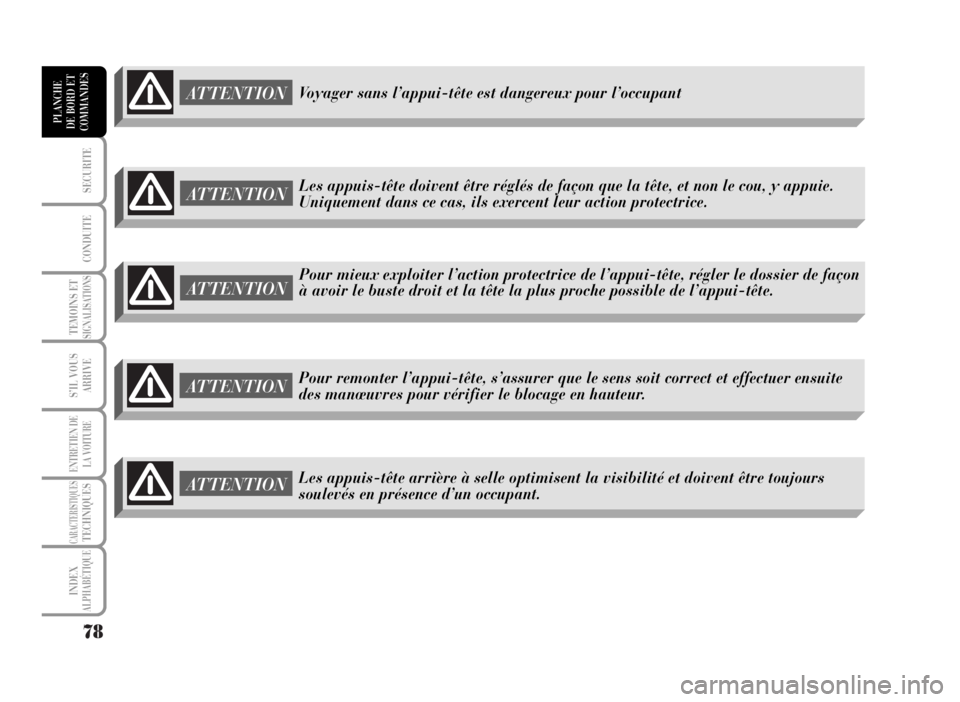 Lancia Musa 2007  Notice dentretien (in French) 78
SECURITE
CONDUITE
TEMOINS ETSIGNALISATIONS
S’IL VOUS
ARRIVE
ENTRETIEN DE
LA VOITURE
CARACTERISTIQUESTECHNIQUES
INDEX
ALPHABÉTIQUE
PLANCHE
DE BORD ET
COMMANDES
ATTENTION
ATTENTION
Pour mieux expl