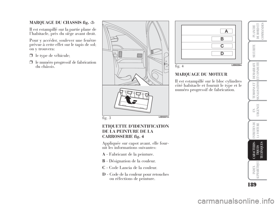 Lancia Musa 2008  Notice dentretien (in French) 189
TEMOINS ETSIGNALISATIONS
INDEX
ALPHABÉTIQUE
PLANCHE
DE BORD ET
COMMANDES
SECURITE
DEMARRAFE
ET CONDUITE
EN
URGENCE
ENTRETIEN DE
LAVOITURE
CARACTERIS-
TIQUES
TECHNIQUES
MARQUAGE DU CHASSIS fig. 