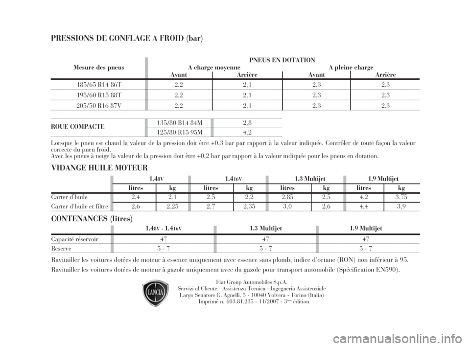 Lancia Musa 2008  Notice dentretien (in French) Fiat Group Automobiles S.p.A.
Servizi al Cliente - Assistenza Tecnica - Ingegneria Assistenziale
Largo Senatore G. Agnelli, 5 - 10040 Volvera - Torino (Italia)
Imprimé n. 603.81.235 - 11/2007 - 3
ém