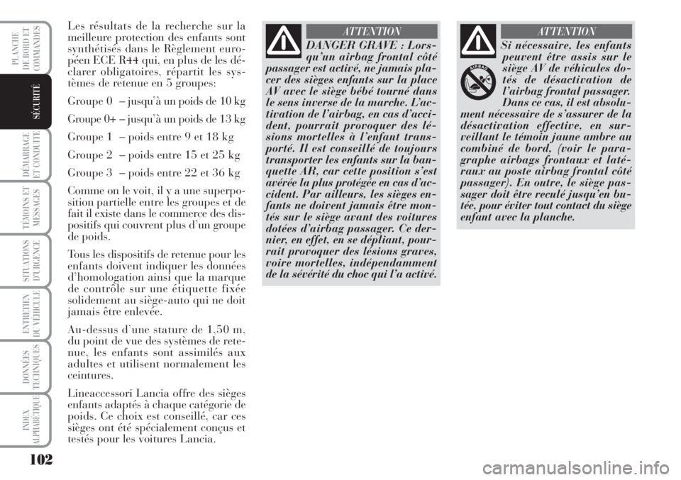 Lancia Musa 2010 Notice dentretien (in French) 102
DÉMARRAGE
ET CONDUITE
TÉMOINS ET
MESSAGES
SITUATIONS
D’URGENCE
ENTRETIEN
DU VÉHICULE
DONNÉES
TECHNIQUES
INDEX
ALPHABÉTIQUE
PLANCHE
DE BORD ET
COMMANDES
SÉCURITÉ
Les résultats de la rech Lancia Musa 2010 Notice dentretien (in French) 102
DÉMARRAGE
ET CONDUITE
TÉMOINS ET
MESSAGES
SITUATIONS
D’URGENCE
ENTRETIEN
DU VÉHICULE
DONNÉES
TECHNIQUES
INDEX
ALPHABÉTIQUE
PLANCHE
DE BORD ET
COMMANDES
SÉCURITÉ
Les résultats de la rech