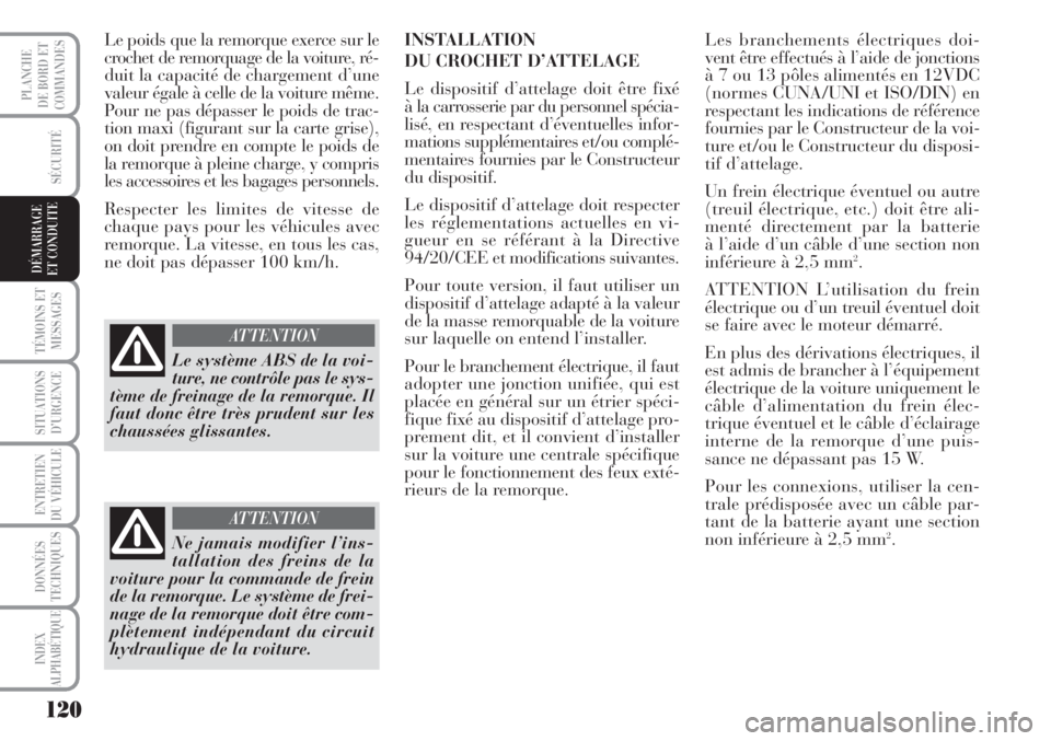 Lancia Musa 2010 Notice dentretien (in French) 120
SÉCURITÉ
TÉMOINS ET
MESSAGES
SITUATIONS
D’URGENCE
ENTRETIEN
DU VÉHICULE
DONNÉES
TECHNIQUES
INDEX
ALPHABÉTIQUE
PLANCHE
DE BORD ET
COMMANDES
DÉMARRAGE
ET CONDUITE
Le poids que la remorque Lancia Musa 2010 Notice dentretien (in French) 120
SÉCURITÉ
TÉMOINS ET
MESSAGES
SITUATIONS
D’URGENCE
ENTRETIEN
DU VÉHICULE
DONNÉES
TECHNIQUES
INDEX
ALPHABÉTIQUE
PLANCHE
DE BORD ET
COMMANDES
DÉMARRAGE
ET CONDUITE
Le poids que la remorque
