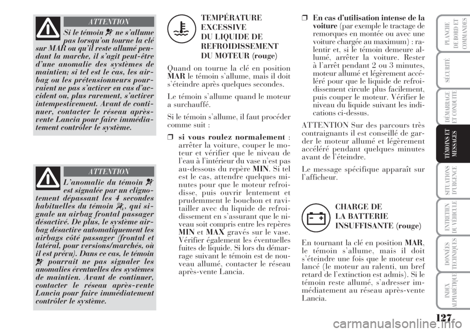 Lancia Musa 2010 Notice dentretien (in French) 127
SÉCURITÉ
DÉMARRAGE
ET CONDUITE
SITUATIONS
D’URGENCE
ENTRETIEN
DU VÉHICULE
DONNÉES
TECHNIQUES
INDEX
ALPHABÉTIQUE
PLANCHE
DE BORD ET
COMMANDES
TÉMOINS ET
MESSAGES
Si le témoin ¬ne s’all Lancia Musa 2010 Notice dentretien (in French) 127
SÉCURITÉ
DÉMARRAGE
ET CONDUITE
SITUATIONS
D’URGENCE
ENTRETIEN
DU VÉHICULE
DONNÉES
TECHNIQUES
INDEX
ALPHABÉTIQUE
PLANCHE
DE BORD ET
COMMANDES
TÉMOINS ET
MESSAGES
Si le témoin ¬ne s’all