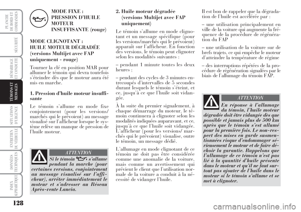 Lancia Musa 2010 Notice dentretien (in French) 128
SÉCURITÉ
DÉMARRAGE
ET CONDUITE
SITUATIONS
D’URGENCE
ENTRETIEN
DU VÉHICULE
DONNÉES
TECHNIQUES
INDEX
ALPHABÉTIQUE
PLANCHE
DE BORD ET
COMMANDES
TÉMOINS ET
MESSAGES
MODE FIXE :
PRESSION D’ Lancia Musa 2010 Notice dentretien (in French) 128
SÉCURITÉ
DÉMARRAGE
ET CONDUITE
SITUATIONS
D’URGENCE
ENTRETIEN
DU VÉHICULE
DONNÉES
TECHNIQUES
INDEX
ALPHABÉTIQUE
PLANCHE
DE BORD ET
COMMANDES
TÉMOINS ET
MESSAGES
MODE FIXE :
PRESSION D’