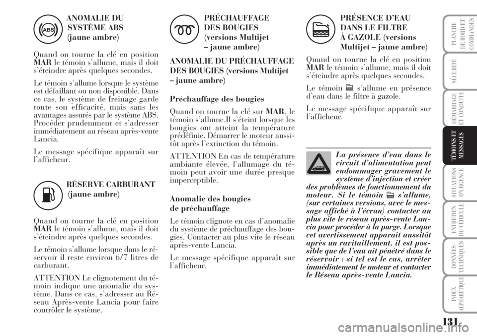 Lancia Musa 2010 Notice dentretien (in French) 131
SÉCURITÉ
DÉMARRAGE
ET CONDUITE
SITUATIONS
D’URGENCE
ENTRETIEN
DU VÉHICULE
DONNÉES
TECHNIQUES
INDEX
ALPHABÉTIQUE
PLANCHE
DE BORD ET
COMMANDES
TÉMOINS ET
MESSAGES
RÉSERVE CARBURANT
(jaune Lancia Musa 2010 Notice dentretien (in French) 131
SÉCURITÉ
DÉMARRAGE
ET CONDUITE
SITUATIONS
D’URGENCE
ENTRETIEN
DU VÉHICULE
DONNÉES
TECHNIQUES
INDEX
ALPHABÉTIQUE
PLANCHE
DE BORD ET
COMMANDES
TÉMOINS ET
MESSAGES
RÉSERVE CARBURANT
(jaune