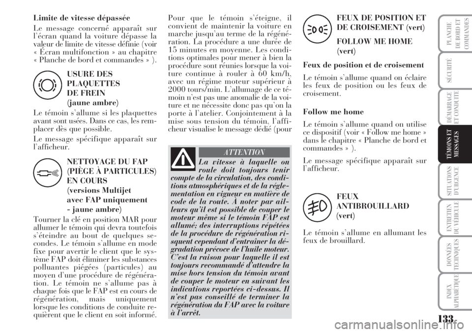 Lancia Musa 2010 Notice dentretien (in French) 133
SÉCURITÉ
DÉMARRAGE
ET CONDUITE
SITUATIONS
D’URGENCE
ENTRETIEN
DU VÉHICULE
DONNÉES
TECHNIQUES
INDEX
ALPHABÉTIQUE
PLANCHE
DE BORD ET
COMMANDES
TÉMOINS ET
MESSAGES
USURE DES
PLAQUETTES
DE FR Lancia Musa 2010 Notice dentretien (in French) 133
SÉCURITÉ
DÉMARRAGE
ET CONDUITE
SITUATIONS
D’URGENCE
ENTRETIEN
DU VÉHICULE
DONNÉES
TECHNIQUES
INDEX
ALPHABÉTIQUE
PLANCHE
DE BORD ET
COMMANDES
TÉMOINS ET
MESSAGES
USURE DES
PLAQUETTES
DE FR