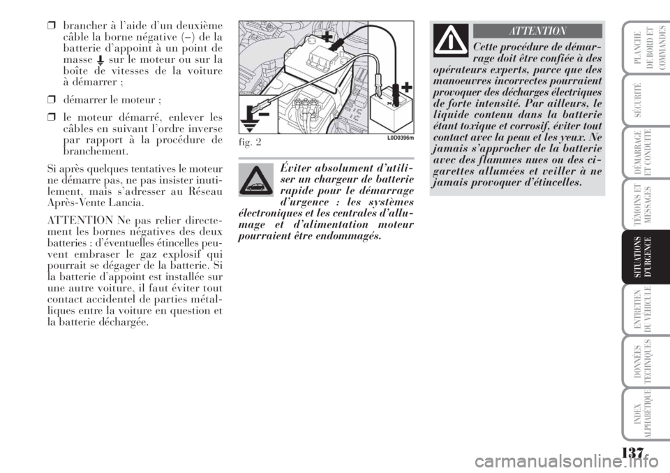 Lancia Musa 2010 Notice dentretien (in French) 137
SÉCURITÉ
DÉMARRAGE
ET CONDUITE
TÉMOINS ET
MESSAGES
ENTRETIEN
DU VÉHICULE
DONNÉES
TECHNIQUES
INDEX
ALPHABÉTIQUE
PLANCHE
DE BORD ET
COMMANDES
SITUATIONS
D’URGENCE
❒brancher à l’aide d Lancia Musa 2010 Notice dentretien (in French) 137
SÉCURITÉ
DÉMARRAGE
ET CONDUITE
TÉMOINS ET
MESSAGES
ENTRETIEN
DU VÉHICULE
DONNÉES
TECHNIQUES
INDEX
ALPHABÉTIQUE
PLANCHE
DE BORD ET
COMMANDES
SITUATIONS
D’URGENCE
❒brancher à l’aide d