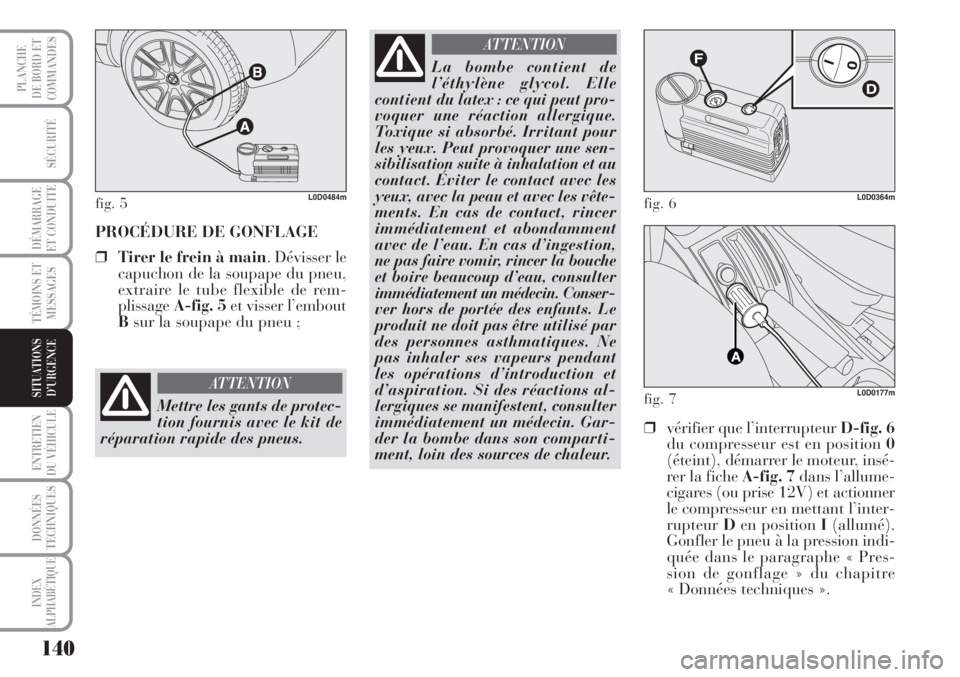 Lancia Musa 2010 Notice dentretien (in French) 140
SÉCURITÉ
DÉMARRAGE
ET CONDUITE
TÉMOINS ET
MESSAGES
ENTRETIEN
DU VÉHICULE
DONNÉES
TECHNIQUES
INDEX
ALPHABÉTIQUE
PLANCHE
DE BORD ET
COMMANDES
SITUATIONS
D’URGENCE
PROCÉDURE DE GONFLAGE
Lancia Musa 2010 Notice dentretien (in French) 140
SÉCURITÉ
DÉMARRAGE
ET CONDUITE
TÉMOINS ET
MESSAGES
ENTRETIEN
DU VÉHICULE
DONNÉES
TECHNIQUES
INDEX
ALPHABÉTIQUE
PLANCHE
DE BORD ET
COMMANDES
SITUATIONS
D’URGENCE
PROCÉDURE DE GONFLAGE