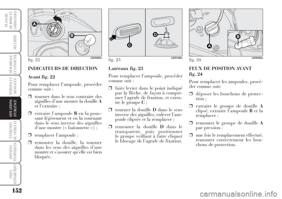 Lancia Musa 2010 Notice dentretien (in French) 152
SÉCURITÉ
DÉMARRAGE
ET CONDUITE
TÉMOINS ET
MESSAGES
ENTRETIEN
DU VÉHICULE
DONNÉES
TECHNIQUES
INDEX
ALPHABÉTIQUE
PLANCHE
DE BORD ET
COMMANDES
SITUATIONS
D’URGENCE
fig. 22L0C0403m
INDICATEU Lancia Musa 2010 Notice dentretien (in French) 152
SÉCURITÉ
DÉMARRAGE
ET CONDUITE
TÉMOINS ET
MESSAGES
ENTRETIEN
DU VÉHICULE
DONNÉES
TECHNIQUES
INDEX
ALPHABÉTIQUE
PLANCHE
DE BORD ET
COMMANDES
SITUATIONS
D’URGENCE
fig. 22L0C0403m
INDICATEU