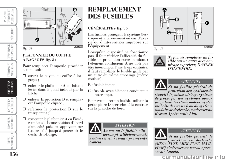 Lancia Musa 2010 Notice dentretien (in French) 156
SÉCURITÉ
DÉMARRAGE
ET CONDUITE
TÉMOINS ET
MESSAGES
ENTRETIEN
DU VÉHICULE
DONNÉES
TECHNIQUES
INDEX
ALPHABÉTIQUE
PLANCHE
DE BORD ET
COMMANDES
SITUATIONS
D’URGENCE
PLAFONNIER DU COFFRE
À Lancia Musa 2010 Notice dentretien (in French) 156
SÉCURITÉ
DÉMARRAGE
ET CONDUITE
TÉMOINS ET
MESSAGES
ENTRETIEN
DU VÉHICULE
DONNÉES
TECHNIQUES
INDEX
ALPHABÉTIQUE
PLANCHE
DE BORD ET
COMMANDES
SITUATIONS
D’URGENCE
PLAFONNIER DU COFFRE
À
