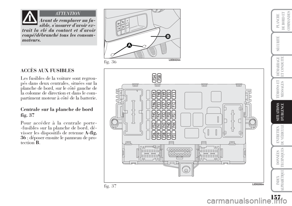 Lancia Musa 2010  Notice dentretien (in French) 157
SÉCURITÉ
DÉMARRAGE
ET CONDUITE
TÉMOINS ET
MESSAGES
ENTRETIEN
DU VÉHICULE
DONNÉES
TECHNIQUES
INDEX
ALPHABÉTIQUE
PLANCHE
DE BORD ET
COMMANDES
SITUATIONS
D’URGENCE
Avant de remplacer un fu-
