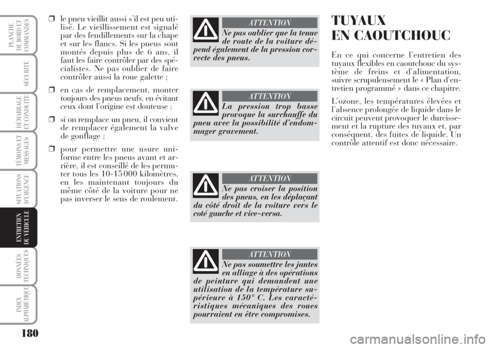 Lancia Musa 2010 Notice dentretien (in French) 180
SÉCURITÉ
DÉMARRAGE
ET CONDUITE
TÉMOINS ET
MESSAGES
SITUATIONS
D’URGENCE
DONNÉES
TECHNIQUES
INDEX
ALPHABÉTIQUE
PLANCHE
DE BORD ET
COMMANDES
ENTRETIEN
DU VÉHICULE
❒le pneu vieillit aussi Lancia Musa 2010 Notice dentretien (in French) 180
SÉCURITÉ
DÉMARRAGE
ET CONDUITE
TÉMOINS ET
MESSAGES
SITUATIONS
D’URGENCE
DONNÉES
TECHNIQUES
INDEX
ALPHABÉTIQUE
PLANCHE
DE BORD ET
COMMANDES
ENTRETIEN
DU VÉHICULE
❒le pneu vieillit aussi