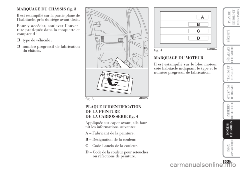Lancia Musa 2010  Notice dentretien (in French) 189
SÉCURITÉ
DÉMARRAGE
ET CONDUITE
TÉMOINS ET
MESSAGES
SITUATIONS
D’URGENCE
ENTRETIEN
DU VÉHICULE
INDEX
ALPHABÉTIQUE
PLANCHE
DE BORD ET
COMMANDES
DONNÉES
TECHNIQUES
MARQUAGE DU CHÂSSIS fig. 