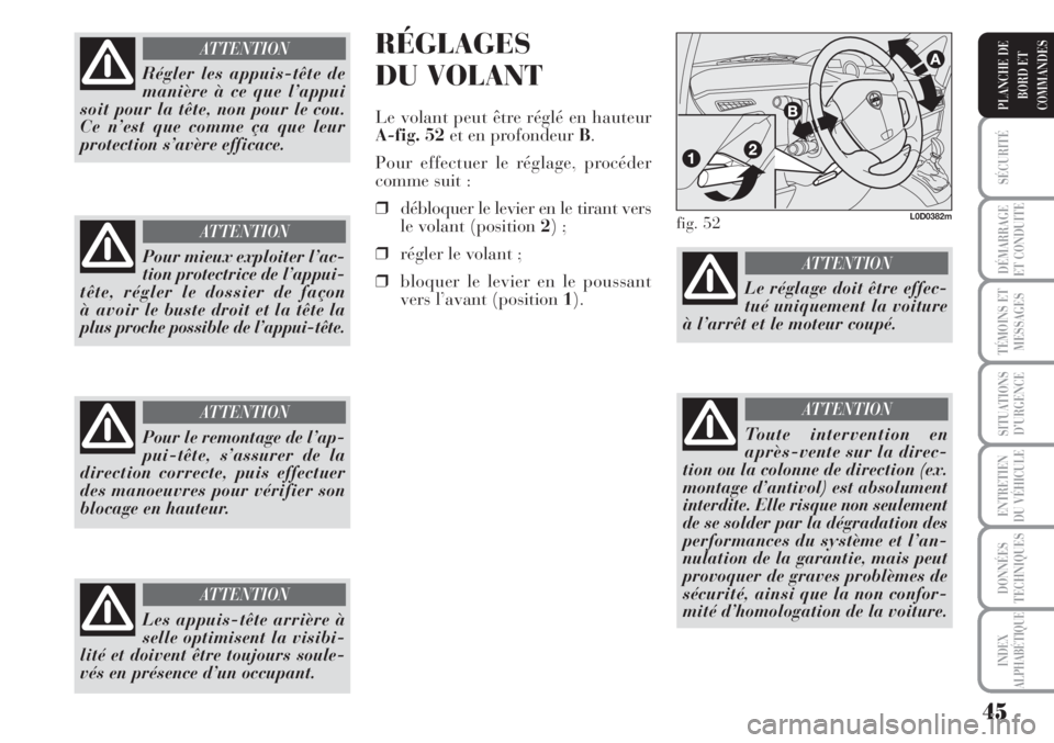 Lancia Musa 2010 Notice dentretien (in French) 45
SÉCURITÉ
DÉMARRAGE
ET CONDUITE
TÉMOINS ET
MESSAGES
SITUATIONS
D’URGENCE
ENTRETIEN
DU VÉHICULE
DONNÉES
TECHNIQUES
INDEX
ALPHABÉTIQUE
PLANCHE DE
BORD ET
COMMANDES
RÉGLAGES
DU VOLANT
Le vola Lancia Musa 2010 Notice dentretien (in French) 45
SÉCURITÉ
DÉMARRAGE
ET CONDUITE
TÉMOINS ET
MESSAGES
SITUATIONS
D’URGENCE
ENTRETIEN
DU VÉHICULE
DONNÉES
TECHNIQUES
INDEX
ALPHABÉTIQUE
PLANCHE DE
BORD ET
COMMANDES
RÉGLAGES
DU VOLANT
Le vola