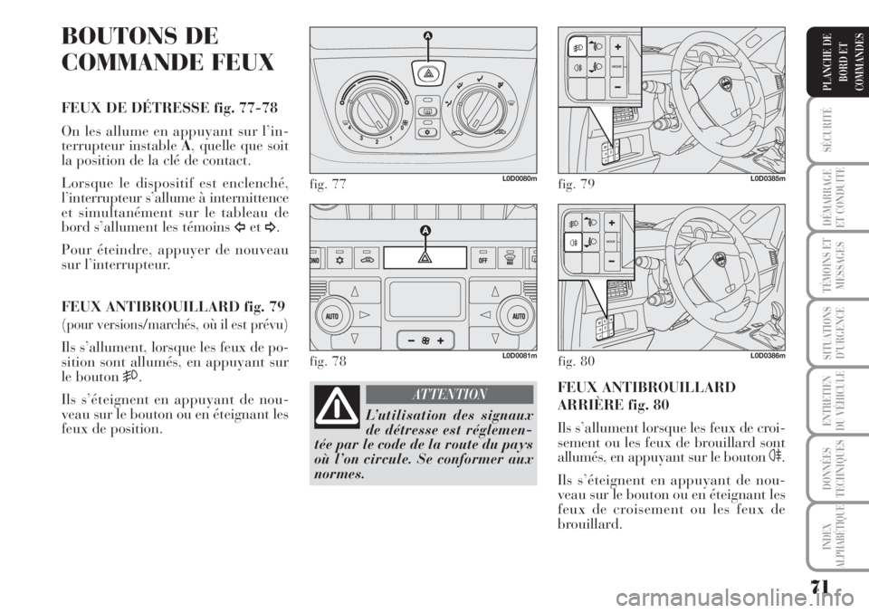 Lancia Musa 2010  Notice dentretien (in French) 71
SÉCURITÉ
DÉMARRAGE
ET CONDUITE
TÉMOINS ET
MESSAGES
SITUATIONS
D’URGENCE
ENTRETIEN
DU VÉHICULE
DONNÉES
TECHNIQUES
INDEX
ALPHABÉTIQUE
PLANCHE DE
BORD ET
COMMANDES
BOUTONS DE
COMMANDE FEUX
FE