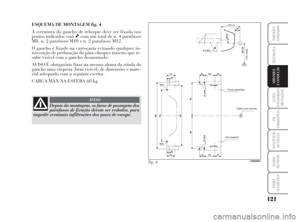 Lancia Musa 2009  Manual de Uso e Manutenção (in Portuguese) 121
LUZES
AVISADORAS E
MENSAGENS
EM
EMERGÊNCIA
MANUTENÇÃO
DO VEÍCULO
DADOS
TÉCNICOS
ÍNDICE
ALFABÉTICO
TABLIER E
COMANDOS
SEGURANÇA
ARRANQUE
E CONDUÇÃO
com carga
esfera com normas Furos exist