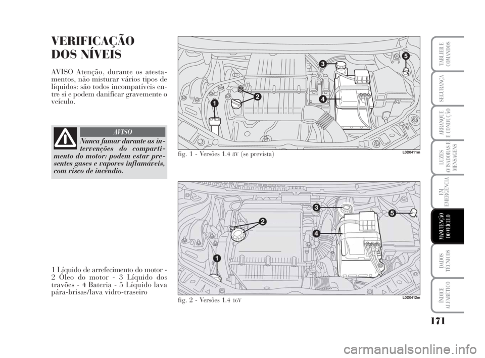 Lancia Musa 2009  Manual de Uso e Manutenção (in Portuguese) 171
LUZES
AVISADORAS E
MENSAGENS
DADOS
TÉCNICOS
ÍNDICE
ALFABÉTICO
TABLIER E
COMANDOS
SEGURANÇA
ARRANQUE
E CONDUÇÃO
EM
EMERGÊNCIA
MANUTENÇÃO
DO VEÍCULO
VERIFICAÇÃO
DOS NÍVEIS
AVISO Atenç