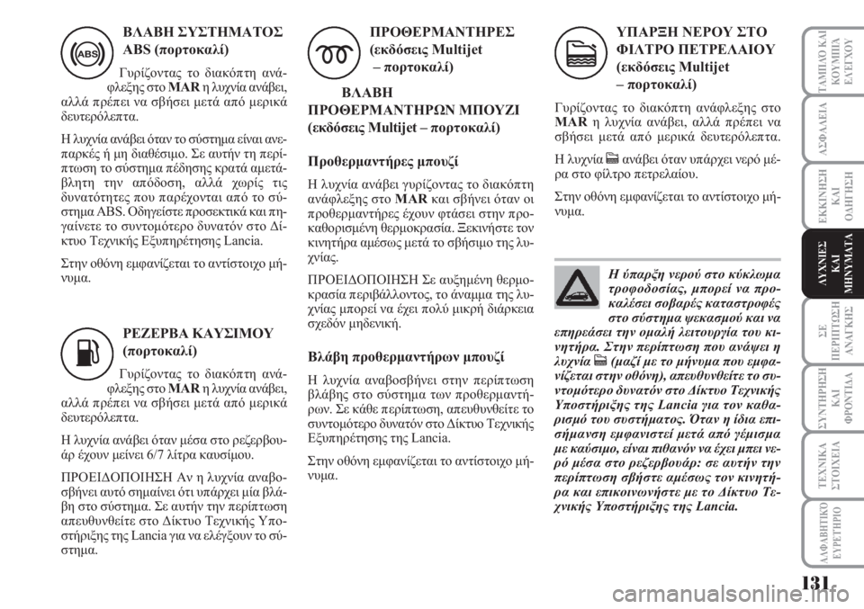 Lancia Musa 2010  ΒΙΒΛΙΟ ΧΡΗΣΗΣ ΚΑΙ ΣΥΝΤΗΡΗΣΗΣ (in Greek) ΑΣΦΑΛΕΙΑ
ΣΕ
ΠΕΡΙΠΤΩΣΗ
ΑΝΑΓΚΗΣ
ΣΥΝΤΗΡΗΣΗ
ΚΑΙ
ΦΡΟΝΤΙΔΑ
ΤΑΜΠΛΌ ΚΑΙ
ΚΟΥΜΠΙΆ
ΕΛΈΓΧΟΥ
ΤΕΧΝΙΚΑ
ΣΤΟΙΧΕΙΑ
131
ΑΛΦΑΒΗΤ