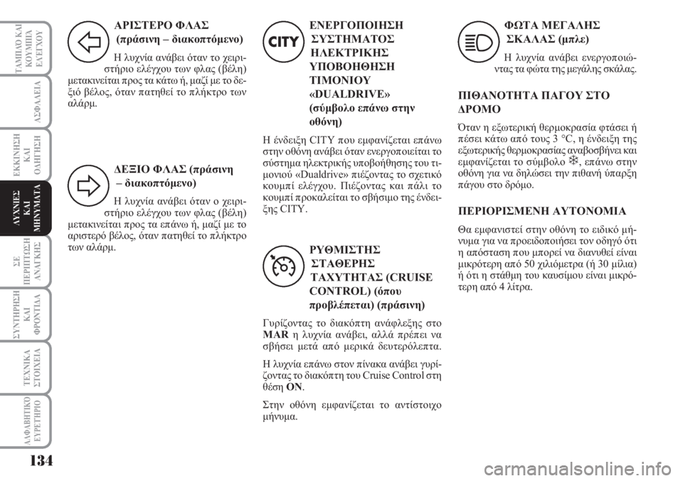 Lancia Musa 2010  ΒΙΒΛΙΟ ΧΡΗΣΗΣ ΚΑΙ ΣΥΝΤΗΡΗΣΗΣ (in Greek) 134
ΑΣΦΑΛΕΙΑ
ΕΚΚΙΝΗΣΗ
ΚΑΙ
ΟΔΗΓΗΣΗ
ΣΕ
ΠΕΡΙΠΤΩΣΗ
ΑΝΑΓΚΗΣ
ΣΥΝΤΗΡΗΣΗ
ΚΑΙ
ΦΡΟΝΤΙΔΑ
ΤΕΧΝΙΚΑ
ΣΤΟΙΧΕΙΑ
ΤΑΜΠΛΌ ΚΑΙ
ΚΟΥ