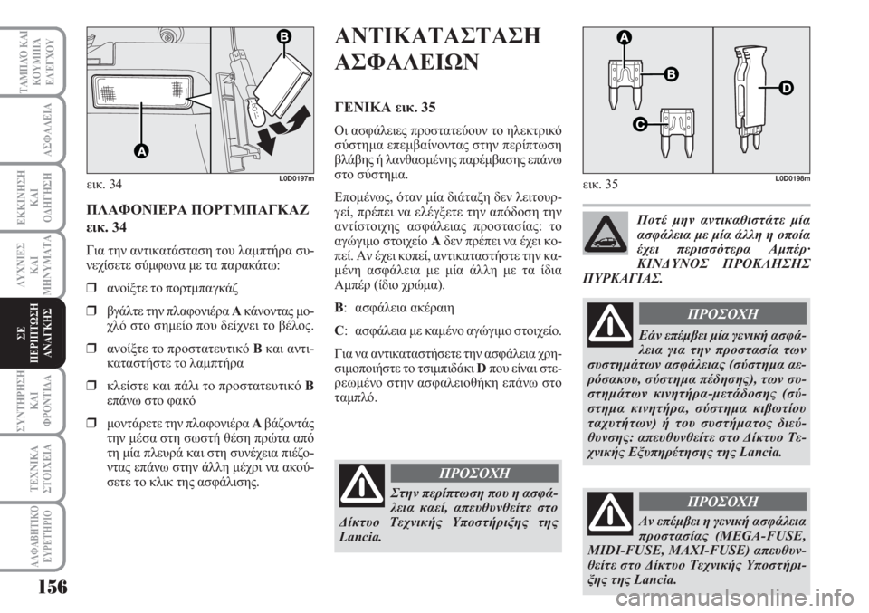 Lancia Musa 2010  ΒΙΒΛΙΟ ΧΡΗΣΗΣ ΚΑΙ ΣΥΝΤΗΡΗΣΗΣ (in Greek) 156
ΑΣΦΑΛΕΙΑ
ΕΚΚΙΝΗΣΗ
ΚΑΙ
ΟΔΗΓΗΣΗ
ΛΥΧΝΙΕΣ
ΚΑΙ
ΜΗΝΥΜΑΤΑ
ΣΥΝΤΗΡΗΣΗ
ΚΑΙ
ΦΡΟΝΤΙΔΑ
ΤΕΧΝΙΚΑ
ΣΤΟΙΧΕΙΑ
ΤΑΜΠΛΌ ΚΑΙ
ΚΟΥ