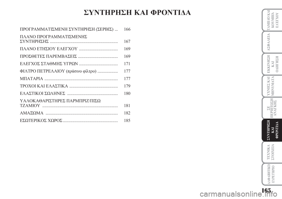 Lancia Musa 2010  ΒΙΒΛΙΟ ΧΡΗΣΗΣ ΚΑΙ ΣΥΝΤΗΡΗΣΗΣ (in Greek) 165
ΥΧΝΙΕΣ ΚΑΙ
ΜΗΝΥΜΑΤΑ
ΑΛΦΑΒΗΤΙΚΌ
ΕΥΡΕΤΉΡΙΟ
ΤΑΜΠΛΌ ΚΑΙ
ΚΟΥΜΠΙΆ
ΕΛΈΓΧΟΥ
ΑΣΦΑΛΕΙΑ
ΕΚΚΙΝΗΣΗ
ΚΑΙ
ΟΔΗΓΗΣΗ
ΣΕ
ΠΕΡΙ