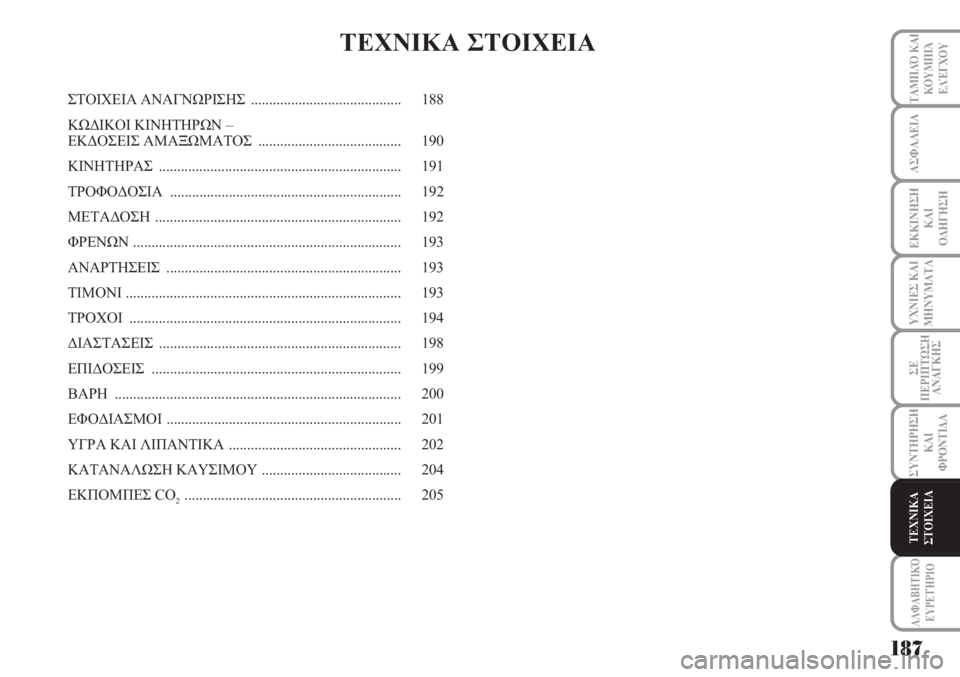 Lancia Musa 2010  ΒΙΒΛΙΟ ΧΡΗΣΗΣ ΚΑΙ ΣΥΝΤΗΡΗΣΗΣ (in Greek) 187
ΥΧΝΙΕΣ ΚΑΙ
ΜΗΝΥΜΑΤΑ
ΑΛΦΑΒΗΤΙΚΌ
ΕΥΡΕΤΉΡΙΟ
ΤΑΜΠΛΌ ΚΑΙ
ΚΟΥΜΠΙΆ
ΕΛΈΓΧΟΥ
ΑΣΦΑΛΕΙΑ
ΕΚΚΙΝΗΣΗ
ΚΑΙ
ΟΔΗΓΗΣΗ
ΣΕ
ΠΕΡΙ