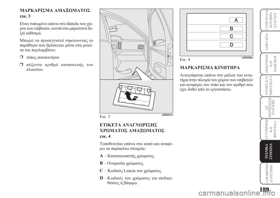 Lancia Musa 2010  ΒΙΒΛΙΟ ΧΡΗΣΗΣ ΚΑΙ ΣΥΝΤΗΡΗΣΗΣ (in Greek) 189
ΥΧΝΙΕΣ ΚΑΙ
ΜΗΝΥΜΑΤΑ
ΑΛΦΑΒΗΤΙΚΌ
ΕΥΡΕΤΉΡΙΟ
ΤΑΜΠΛΌ ΚΑΙ
ΚΟΥΜΠΙΆ
ΕΛΈΓΧΟΥ
ΑΣΦΑΛΕΙΑ
ΕΚΚΙΝΗΣΗ
ΚΑΙ
ΟΔΗΓΗΣΗ
ΣΕ
ΠΕΡΙ